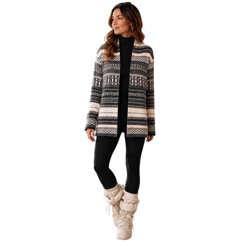 Monari Grey Metallic Fair Isles Open‎ Cardigan Sweater Wool Blend Size  US 8